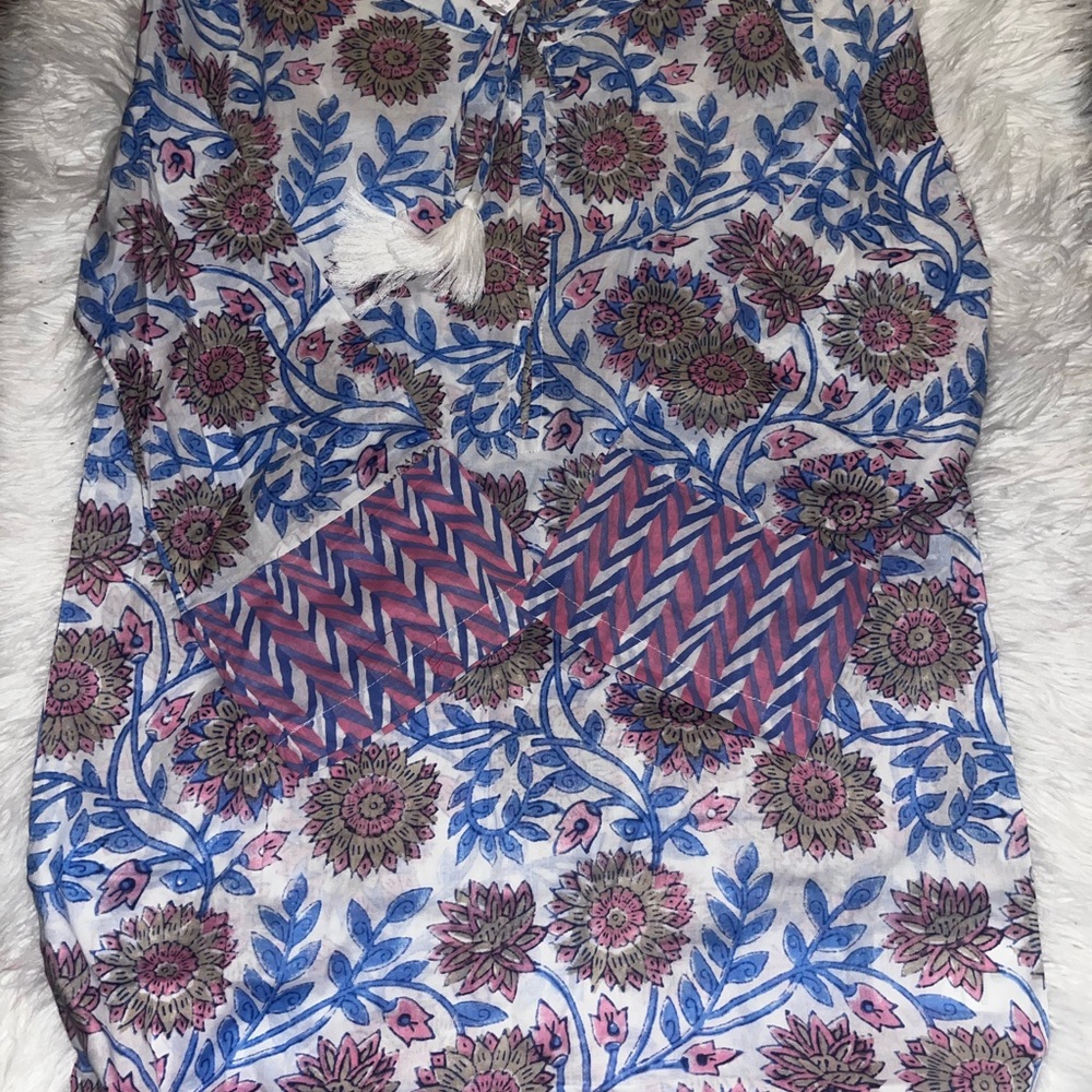 J. Crew White Floral Tassel TUNIC with Blue and Pink Print